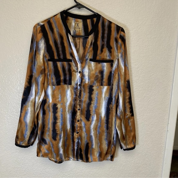 KASPER Size S Tunic Top Blouse Button Down Sash Belt Silky Feel Abstract Print - Picture 5 of 7